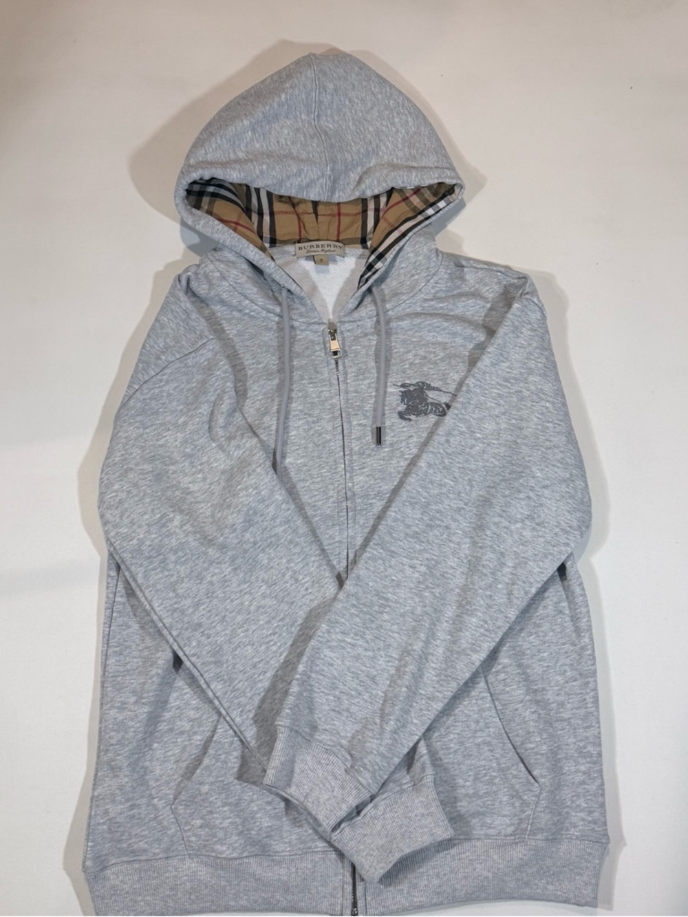 Burberry Grey Zip-Up Hoodie with Check Lining